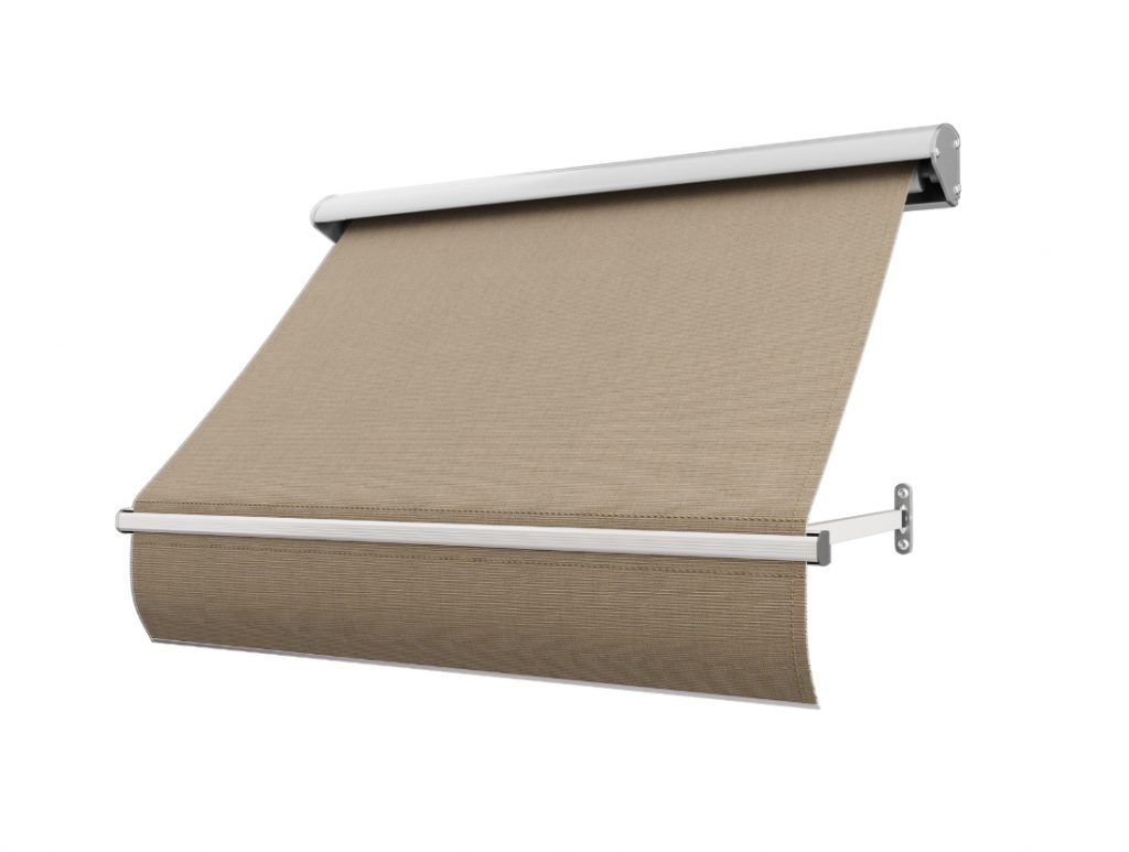 Billig ljus brun fönstermarkis med motor eller band, tillverkad i slitstark akrylväv. Måttanpassas mellan 80–340 cm och levereras i hela Sverige inom 14 dagar.