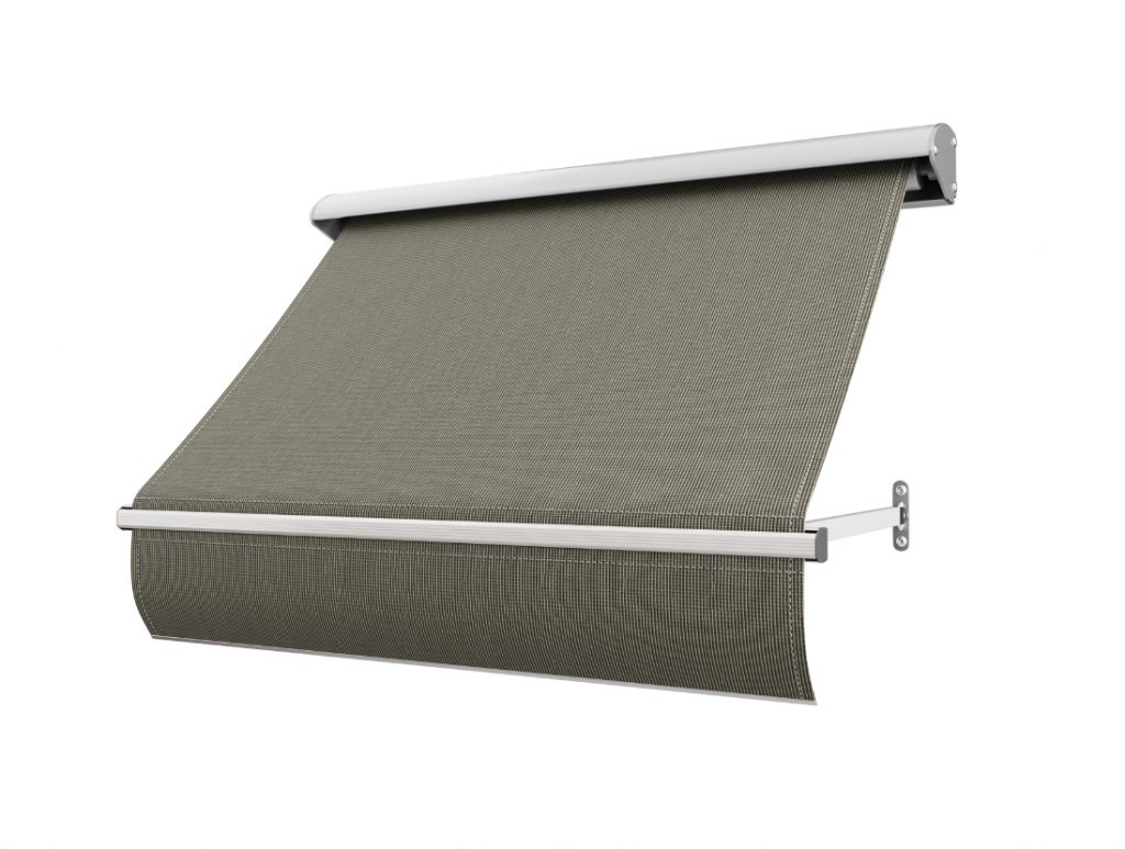 Fönstermarkis Klassisk Rut (brun texturerad) med motor eller manuell vev i bredd 80–340 cm. Måttanpassad markis från BILLY Markiser i spinnvävd akrylväv med UV-skydd, rutmönstrad design och klassiskt uttryck. Ett elegant och hållbart solskydd för fönster i både moderna och traditionella hus.