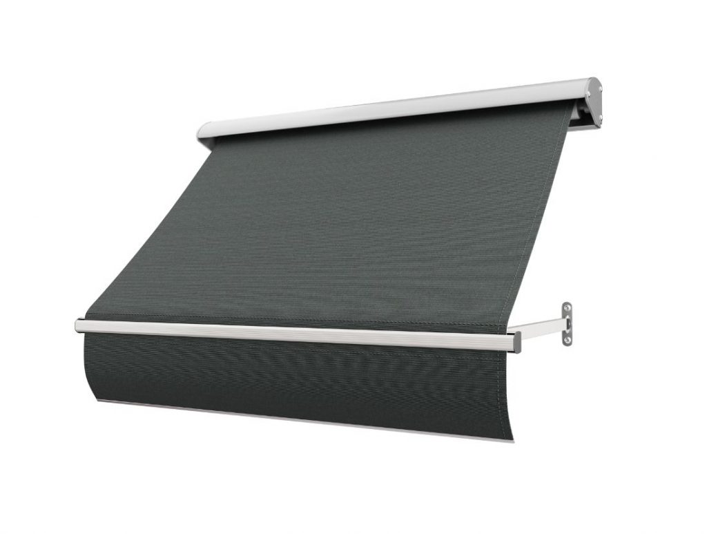 Fönstermarkis Mörk Antracit (mörk texturerad grå) med motor eller manuell vev i bredd 80–340 cm. Måttanpassad markis från BILLY Markiser i slitstark akrylväv med UV-skydd och vattenavvisande yta. Ett exklusivt och hållbart solskydd i mörkgrå ton – med leverans i hela Sverige.
