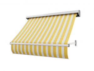 Fönstermarkis Solstrimma (vit/gul randig) med motor eller manuell vev i bredd 80–340 cm. Måttanpassad markis från BILLY Markiser i spinnvävd akrylväv med UV-skydd och smutsavvisande yta. Ett klassiskt och livfullt solskydd i gul och vit randig design – med leverans i hela Sverige.