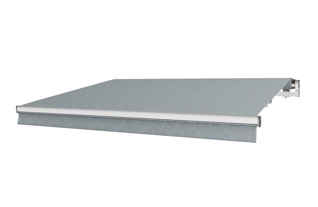 Terrassmarkis Dimmig Grå med motor eller manuell vev i bredd 300–590 cm. Måttanpassad markis från BILLY Markiser i slitstark spinnvävd akrylväv med UV-skydd och smutsavvisande yta. Ett elegant och hållbart solskydd i premiumkvalitet för altan och terrass.