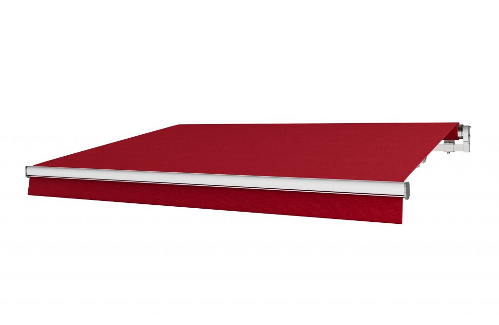 Terrassmarkis Vinröd (röd) med motor eller manuell vev i bredd 300–590 cm. Måttanpassad markis från BILLY Markiser i spinnvävd akrylväv med UV-skydd och smutsavvisande yta. Ett elegant och hållbart solskydd i vinröd nyans för altan, terrass eller balkong.