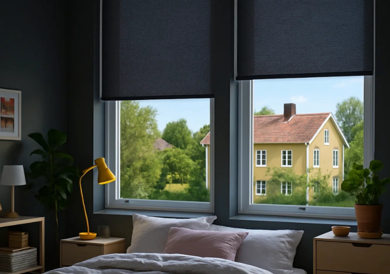 Svarta elektriska rullgardiner med mörkläggande tyg i ett mörkt, elegant sovrum. Ger total ljusblockering och bekväm elstyrning med modern design från BILLY – perfekt för vila och stilren inredning.