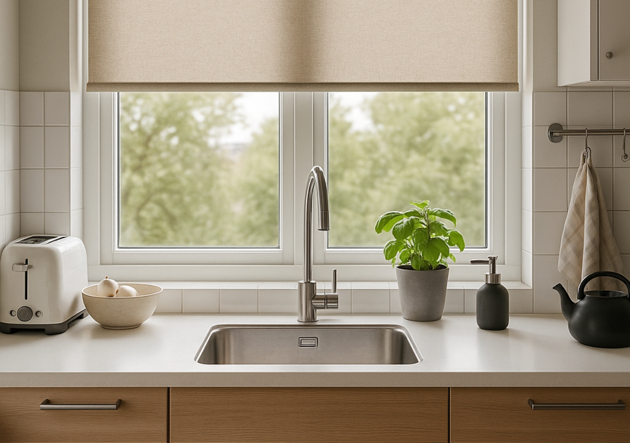 Grå måttanpassad rullgardin med motor, installerad i ett modernt svenskt kök. Den motoriserade rullgardinen kombinerar bekväm elstyrning med stilren design och finns med både halvtransparent och mörkläggande väv för perfekt ljusreglering.