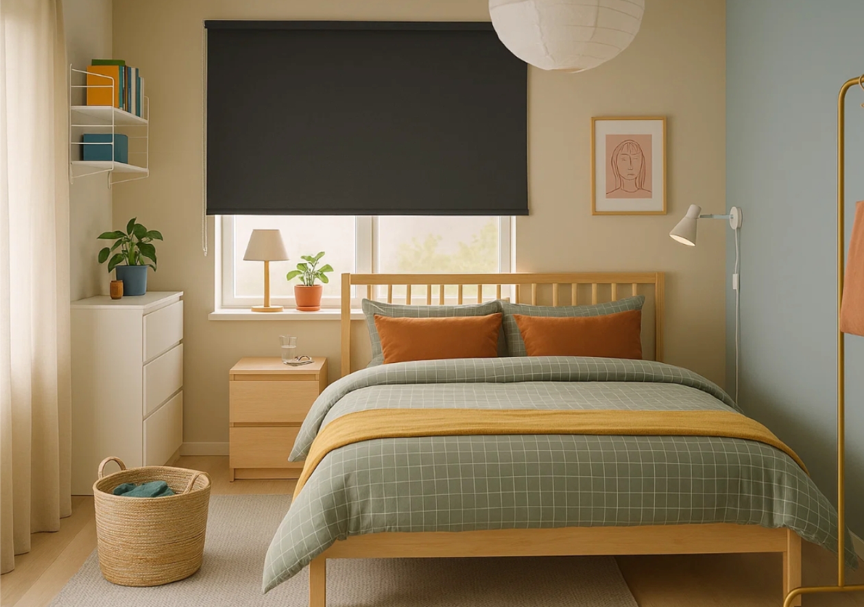 Svart elektrisk rullgardin med mörkläggande tyg i ett modernt sovrum. Ger total ljuskontroll med en knapptryckning och kombinerar stilren design med bekväm elstyrning för optimal vila och elegant inredning.