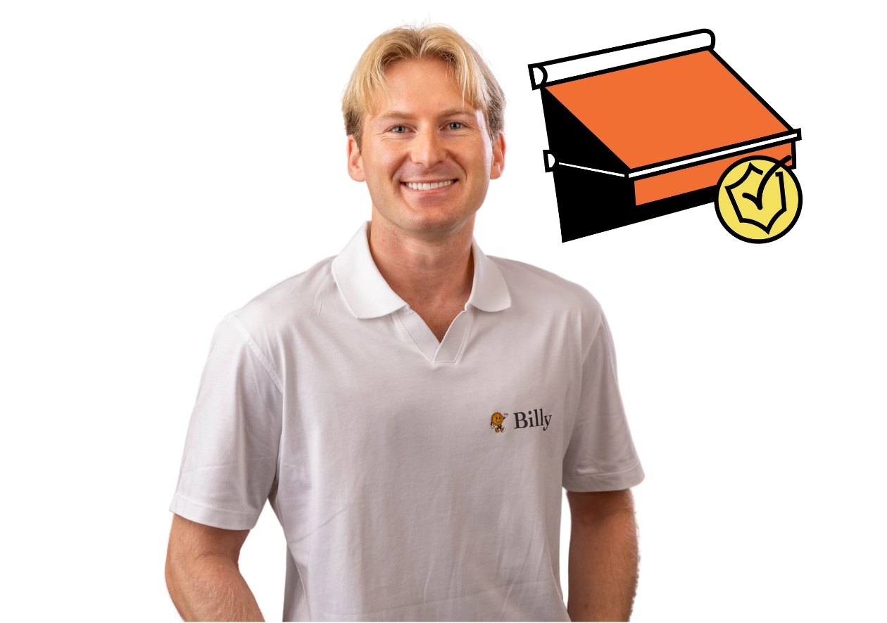 BILLYs VD berättar om företagets garanti och kvalitet på markiser, med logotypen tydligt synlig i bilden. Symboliserar trygghet, hållbarhet och långsiktigt kundfokus inom premiumsegmentet för solskydd.