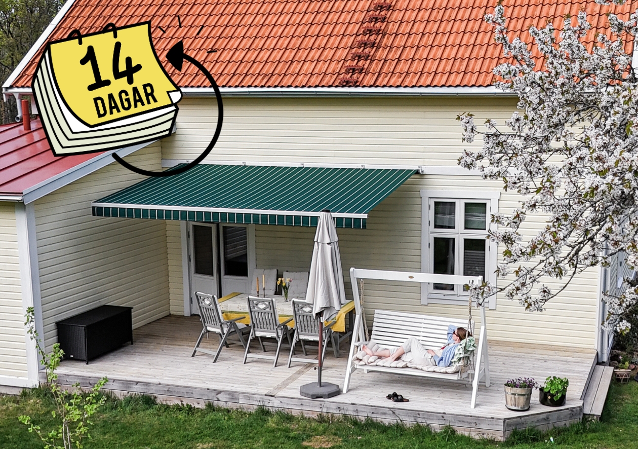 Grön terrassmarkis 3,5 meter med motor, monterad på offwhite hus. Premium solskydd från BILLY Markiser som ger sval skugga över utomhusmatplatsen. Måttanpassad design med slitstark akrylväv och modern elstyrning för bekväm användning.