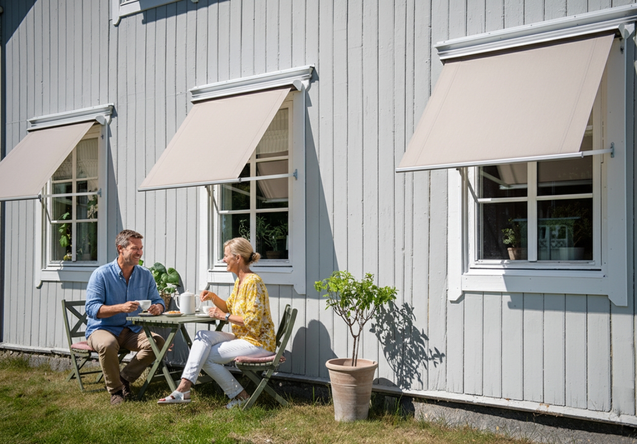 Beige fönstermarkiser på et grått hus