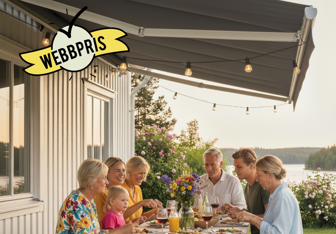 Grå terrassmarkis med vev på vitt hus.