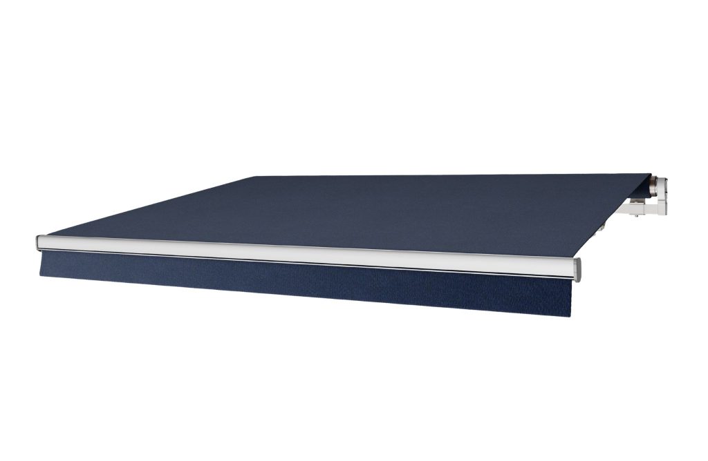 blå terrassmarkis 300 cm til 600 cm med eller utan motor.