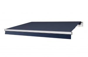 blå terrassmarkis 300 cm til 600 cm med eller utan motor.