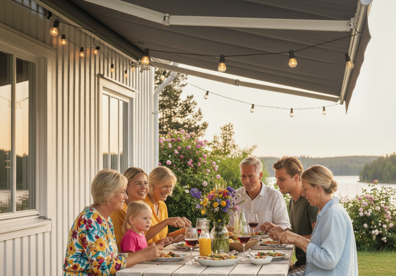 En familj äter middag under en billig terrassmarkis, vilket ger skugga och en mysig atmosfär utomhus.