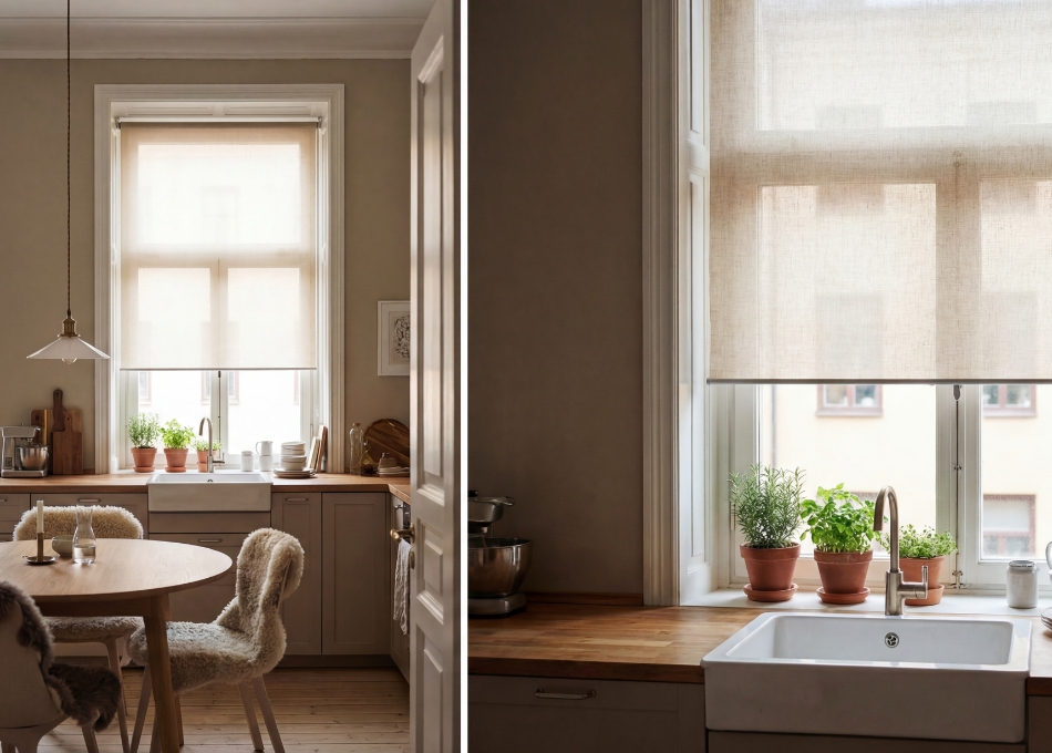 Svart elektrisk rullgardin med mörkläggande tyg i ett modernt sovrum. Ger total ljuskontroll med en knapptryckning och kombinerar stilren design med bekväm elstyrning för optimal vila och elegant inredning.