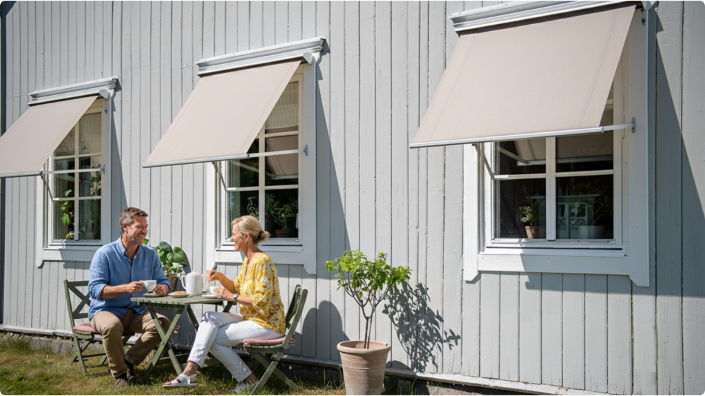 Grått hus med fönstermarkiser från Billy