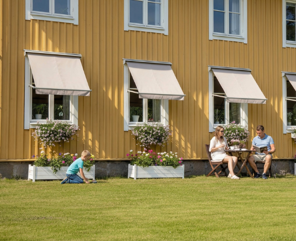Gult hus med fönstermarkiser på tre fönster