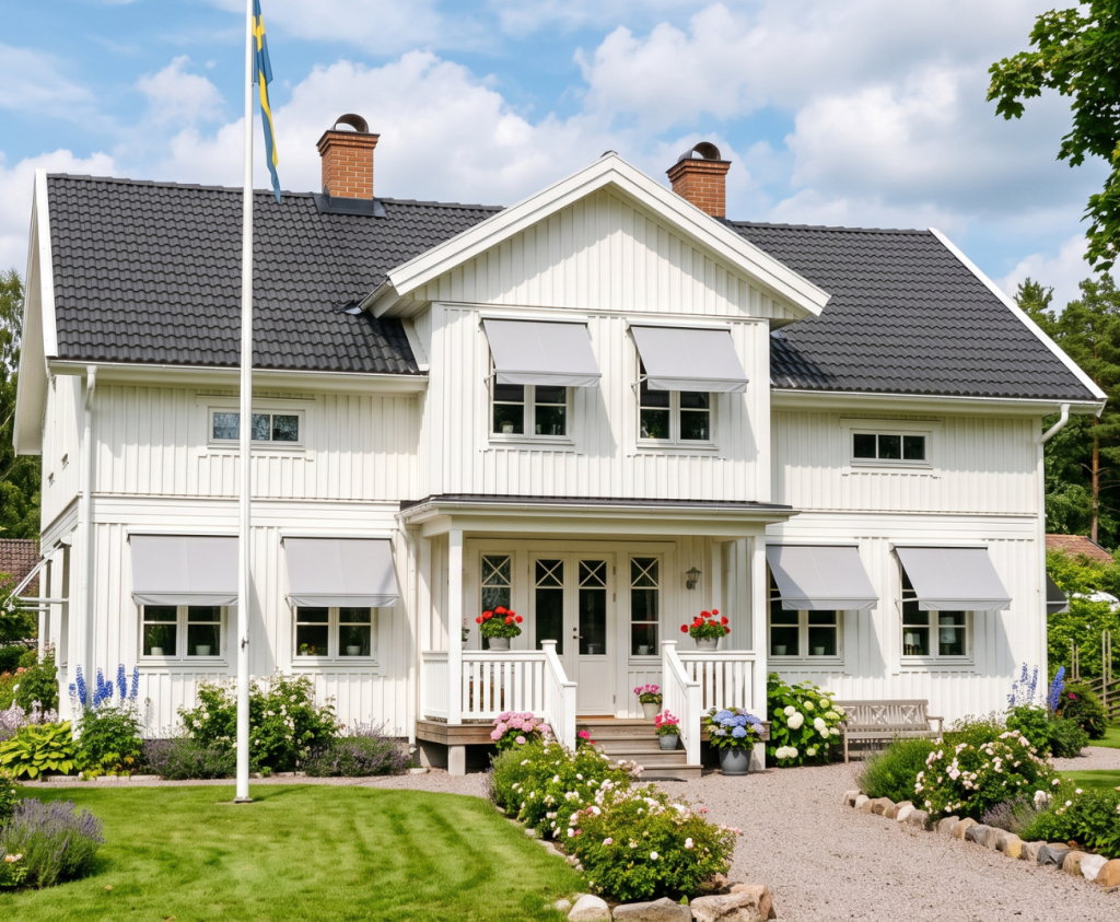Vitt hus med fönstermarkiser från Billy