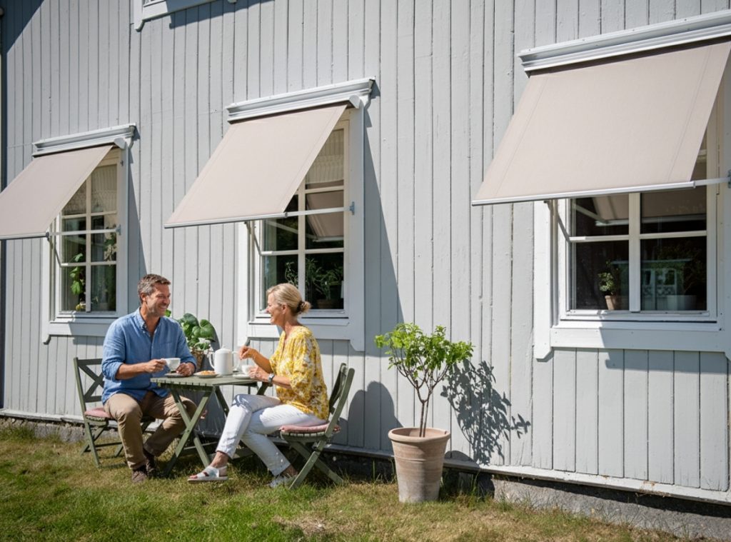 Fönstermarkiser på en ljus fasad